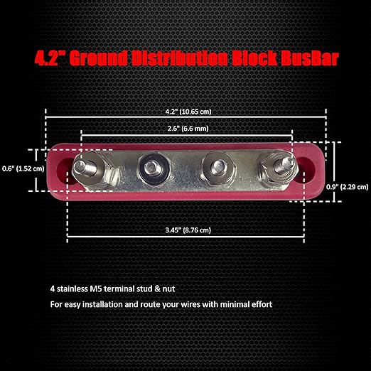 4 x #10 (M5) Studs Bus Bar, Ampper 4.2" Power Distribution Block Brass Battery BusBar Junction with Cover for Auto Boat Amplifier and More (Red)