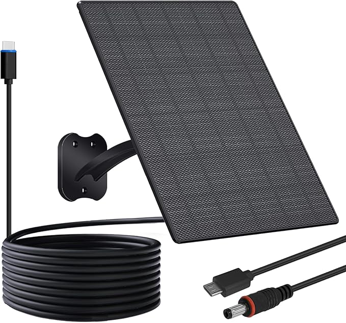 FUTUREZEN Solar Panel for Security Camera, 10W Solar Charger with DC 5.5x2.1mm, USB-C & Micro USB Port, IP66 Waterproof, 360° Adjustable Mount, 7.2FT Cable, Black