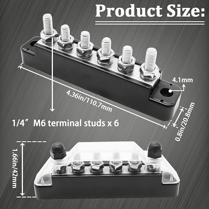 150A 12V-48V Bus Bar Marine Power Distribution Block with Cover with 6 x 1/4”Post,Battery Bus Bar (Pair,Red & Black),Automotive Busbars 12 Volt for Car Boat Solar Wiring
