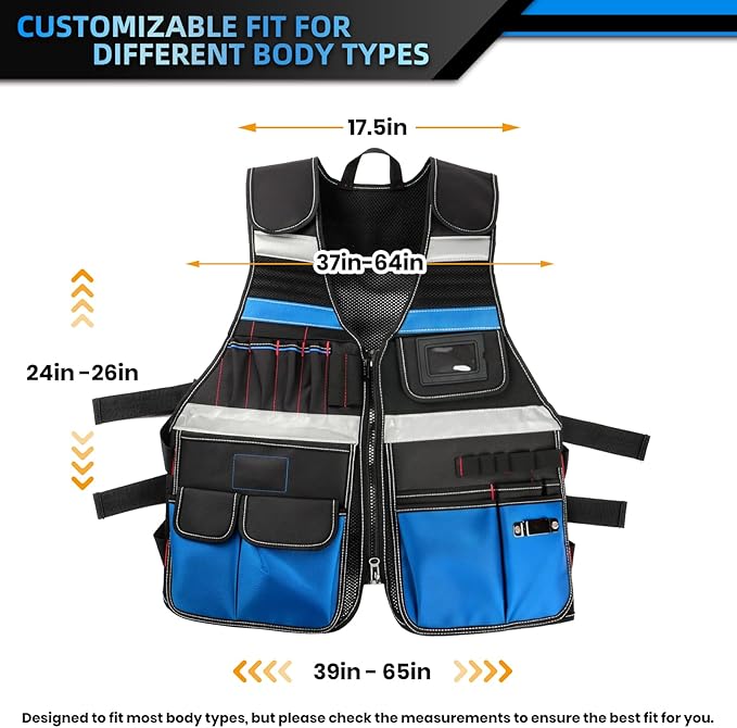 Electrician Tool Vest, Tool Vest for Men, Tool Vest Electrician with Drill Holster, 17 Storage Spaces, 1680D Heavy Duty Adjustable Work Vest with Reflective Strips, Blue