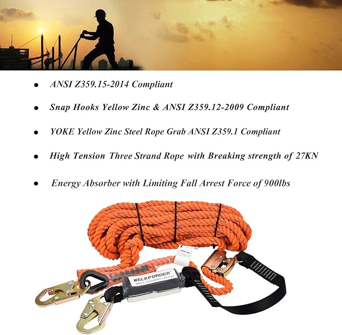 50FT Vertical Lifeline Assemble Three Strand Rope Fall Protection with Rope Grab Snap Hooks Shock Absorber Fall Protection Safety Equipment ANSI Compliant