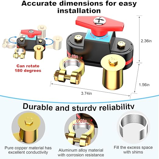 Battery Disconnect Switch, Heavy Duty Battery Shut Off Switch, Can Rotate 180, General High Current Master Battery Power Cut Isolator Kill Switch, Battery Kill Switch for Car, RV and Boat (Upgraded)