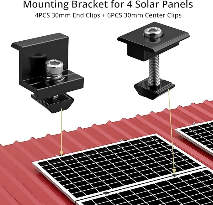 Anbte 10 PCS Solar Panels Brackets 30mm, Aluminium 6 x T-Shaped Mid Clamps + 4 x End Clamps, Solar Panel Mounting Brackets for Metal, Tin, Flat, Sheet Roofs, RV, Black