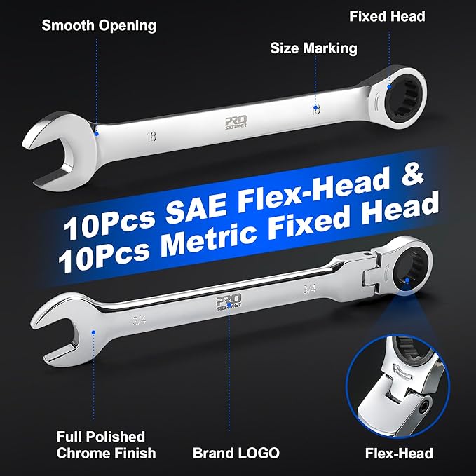 Prostormer Ratcheting Combination Wrench Set, 20-Piece SAE & Metric Wrench Kit with Pouch, 72-Tooth, Cr-V Steel, 10Pcs Flex-Head 1/4" to 3/4" & 10Pcs Fixed Head 6-18mm