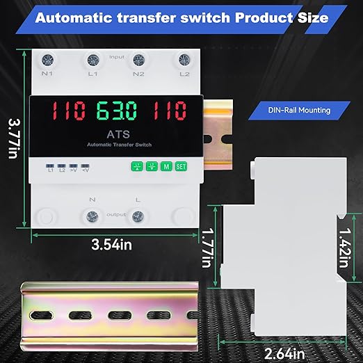 63A 110V Automatic Transfer Switch, 2P Dual Power Select Interruptor Electrical Changeover Switch with LED Display, Mini ATS Din Rail Mount, 50/60Hz CE Certified for Backup Power