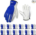 12 Pairs Bulk Leather Work Gloves for Men or Women for Construction, Wood cutting, Driving, Water Resistant, Keep warm, Soft, Cowhide, Class 4 Abrasion Resistant, Blue-White, XL