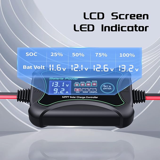 10Amp 12 Volt MPPT Solar Charge Controller, Bateria Power Intelligent Portable Solar Panel Controller, Max PV 150W 30Voc Solar Regulator for Gel AGM Lead-Acid, Lithium LiFePO4 Battery (SunRock 10)