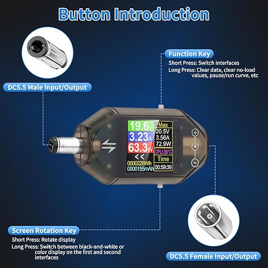 DC Voltage Tester Power Meter, 4.5-50V 0-12A Two-Way Measurement Voltage Current Capacity Amp Volt Voltmeter Ammeter Detector Digital Tester for DC 5.5 x 2.5/2.1 Port Device, Black