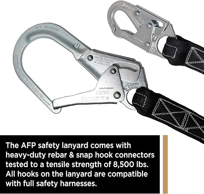 AFP 6FT Single Leg Internal Shock Absorbing Safety Fall Protection Lanyard with Pelican Rebar & Snap Hook |Heavy-Duty Webbing | Roofer, Construction, Scaffolding PPE | OSHA & ANSI Rated