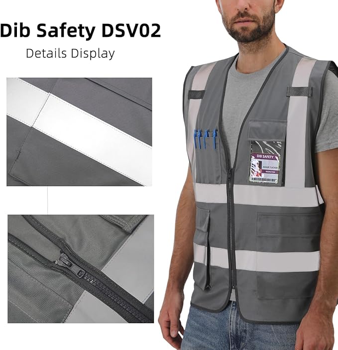 Dib Safety Reflective Vest ANSI Class 2, High Visibility Vest with Pockets and Zipper, Construction Work, Hi Vis