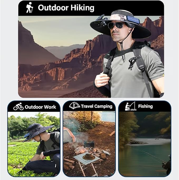 Solar Fan Hat with Mist, Mens Wide Brim Solar Power Fans Hat with Built in Fan, USB Solar Charging for Outdoor Fishing