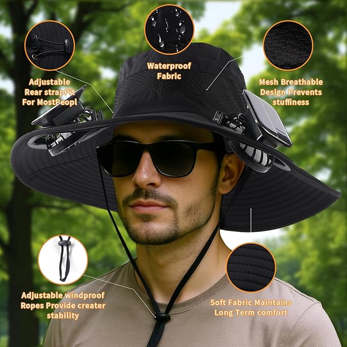 Hat with Fans Solar Power Cooling Hat with Fan Fishing Hat for Men Wide Brim Effective Sun Protection for Men Women Fishing Hiking Outdoors Uv Protection Breathable Black