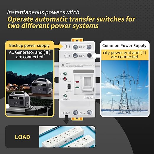 Mini ATS AC Automatic/Manual Transfer Switch 2P 63A 220V, ATS Manual Transfer Switches for Uninterruptible Power Supply Home,Dual Power Electrical Selector Switch DIN Rail Mount (G2R 2P 63A AC220V)