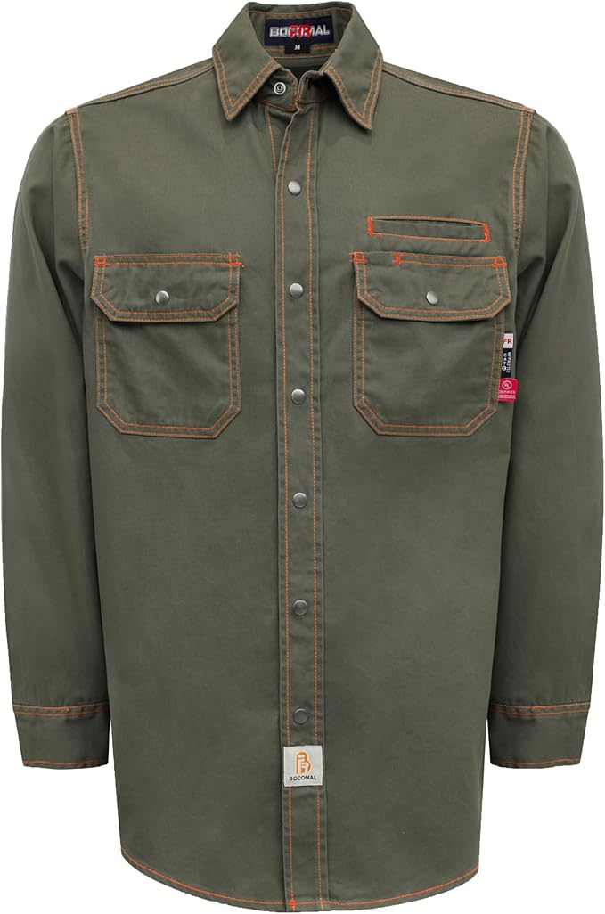 BOCOMAL FR Shirts for Men Snaps Down 7.5oz Water Repellent Fire Resistant Welding Jackets-NFPA2112 CAT2