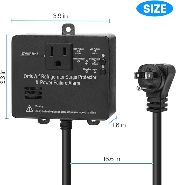 Wi-Fi Smart Power Failure Alarm with Surge Protector, Remotely Monitor and Control Your Refrigerator Via App, Ensuring The Safety of Refrigerator and Food Stored Inside, Black