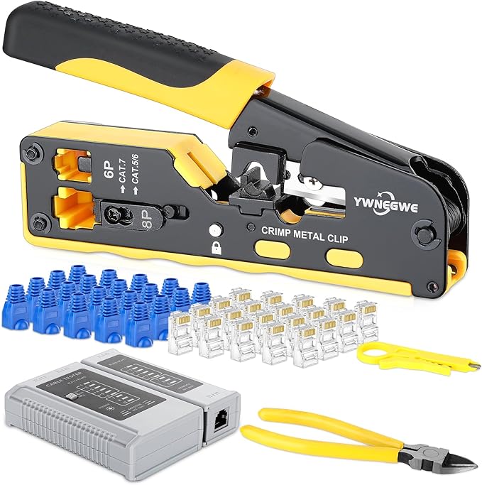 RJ45 Crimp Tool Kit Pass Through Ethernet Crimper Kit Cat5 Cat6 Cat7 Crimping Tool Kit,All-in-One Stripping Cutting Crimping Tool for RJ11/RJ12 Standard,RJ45 Pass Through Connectors