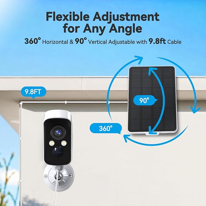 3W Solar Panel for Battery-Powered Security Cameras,USB-C & Micro USB Solar Charger for Wireless Outdoor Cameras,IP65 Waterproof, 9.8ft Cable, 360° Adjustable Mount (White, 1 Pack)