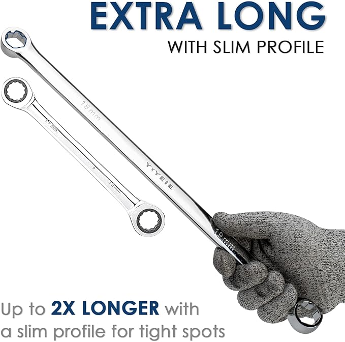 5-Piece Extra Long Box End Wrench Set, Metric 8mm-19mm, 6 Point Extended Bolt Extractor Wrench, CR-V Labor-Saving Aviation Spanner with EVA Foam