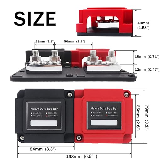 600A Power Distribution Block Bus Bar Pair with Cover Marine Bus Bar, Automotive, and Solar Wiring 4x3/8 M10 Studs Heavy Duty Power