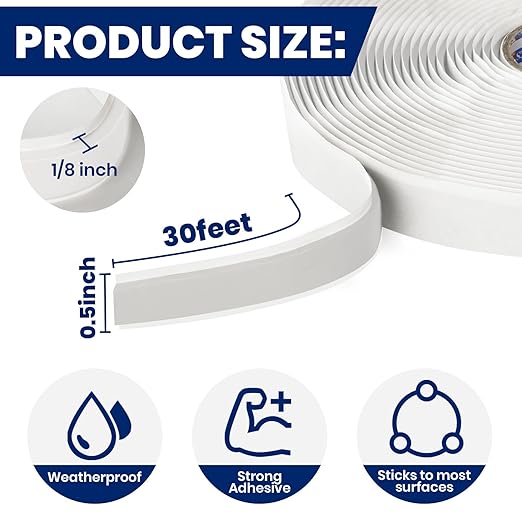 ADHES Premium Butyl Sealant Tape 1/2" x 30 'x 1/8" White Butyl Rubber Sealant Tape for RVs, Vehicles, Marine and Home Repair – Ideal for Headlights, Windows, Doors, and Windshields