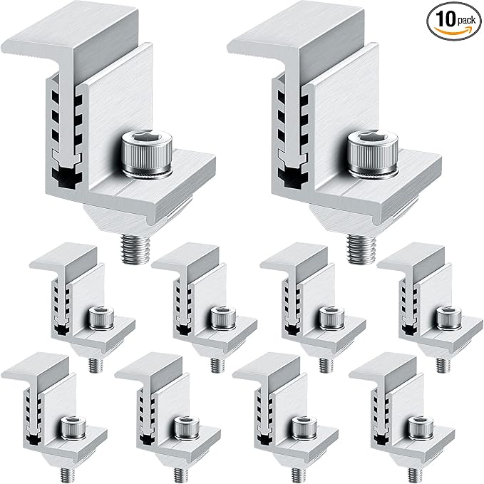 Zhengmy 10 Solar Panel End Clamp Mounting Z Bracket Mid Clamps Aluminum Rail End Clamps Clips Adjustable Panels Grounding Gutter Kit for Pv Mounting System Install Hardware Fasteners Accessory