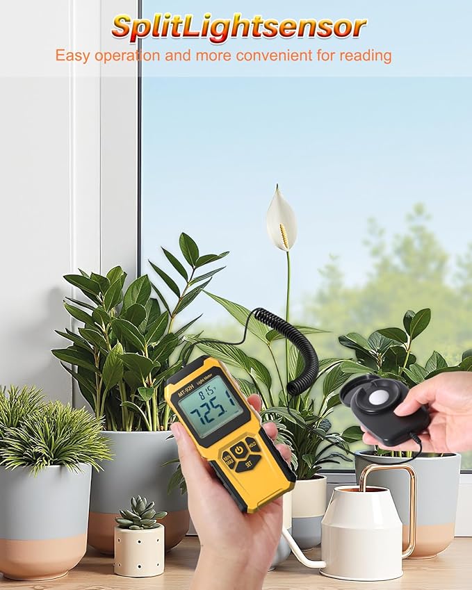 MT-92H Light Meter with Split Sensor Lux/Foot Candles Meter 500ms Refresh Rates Range up to 200,000 Lux Switchable Backlight Temperature Measurer 14℉-140℉