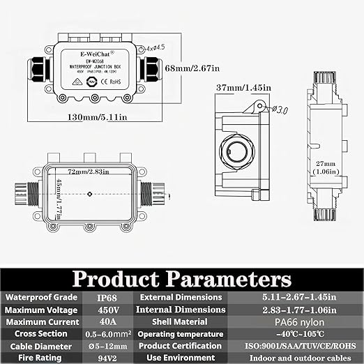 Outdoor Waterproof Junction Box Plastic，Outdoor Cable Electrical Box Waterproof ，Open Splice Underground Electrical Junction Water Proof Box，2 Way Wire Range 5-12mm Trailer Junction Box