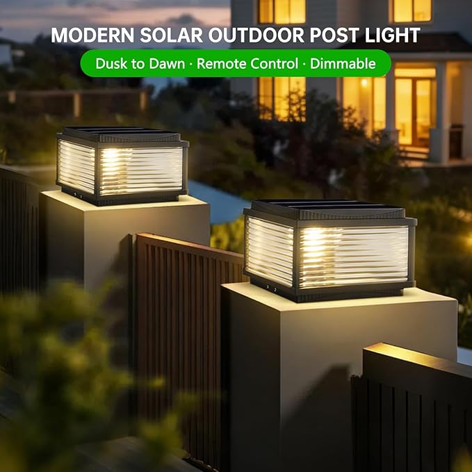 Outdoor Solar Column Lights Modern Tri Color Dimming Solar Post Cap Lights IP65 Waterproof Fence Deck Column Cap Light External Post Lights Aluminum Pillar Light Landscape Lighting Fixture