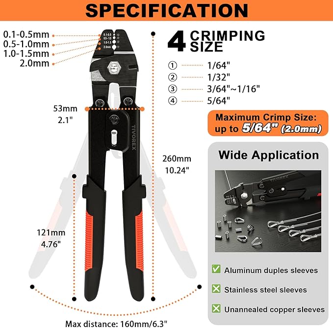 Wire Rope Crimping Tool, Swager Tool for Aluminum Crimping Loop Sleeves up to 2.0mm, 1/64in to 5/64in Stainless Steel Cable Crimper for Cable Crimping and Swaging Projects