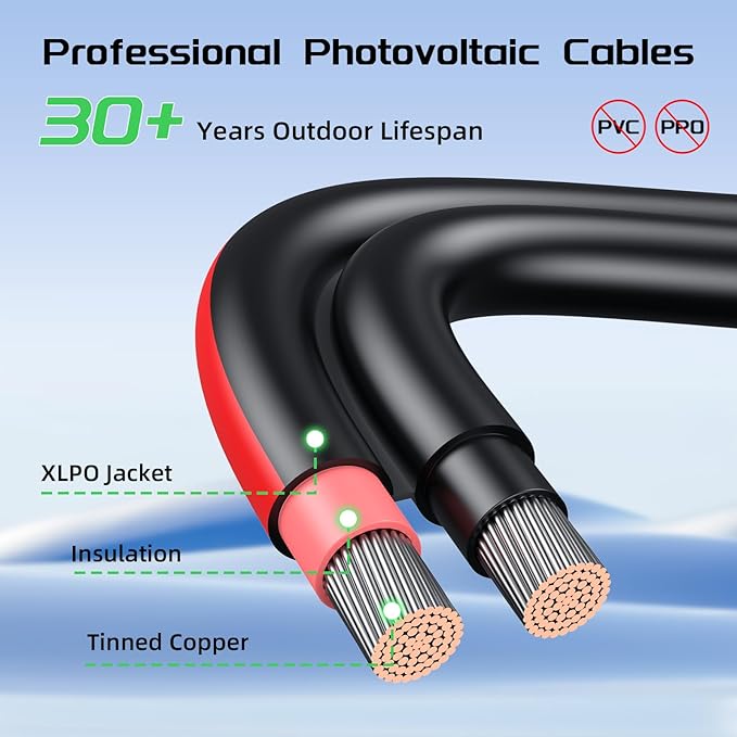 Bateria Power 30Ft 10AWG Solar Panel Extension Cable, 6mm² Twin Wire Conductor Parallel Solar Wire Adapter Kit with Waterproof Female & Male Solar Connectors for RV, Marine, Photovoltaic Systems