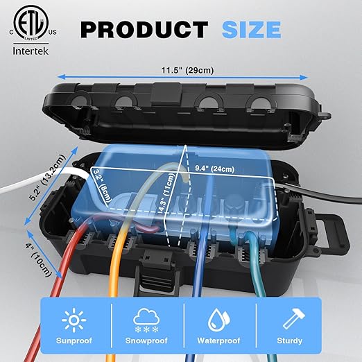 Flemoon Medium Outdoor Electrical Box (11.5x5.2x4 inch), IP54 Waterproof Extension Cord Cover w/6 Cable Entry Ports, Weatherproof Connection Box for Power Strip, Timer, Plug, Holiday Lights, Black