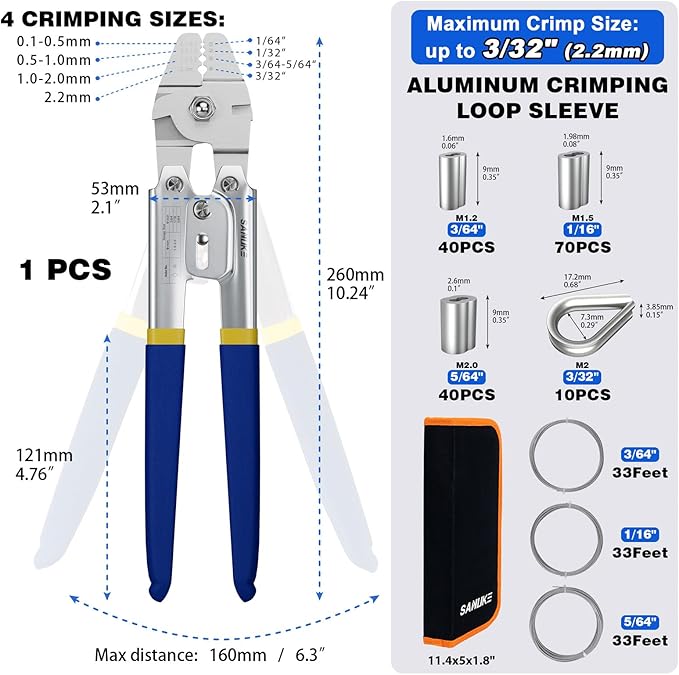 Sanuke Wire Rope Crimping Tool for 3/64 5/64 1/16 Wire Rope with 304 Stainless Steel Cable 3 Sizes 33FT and 150pcs Sleeves Stops, 10pcs Thimble