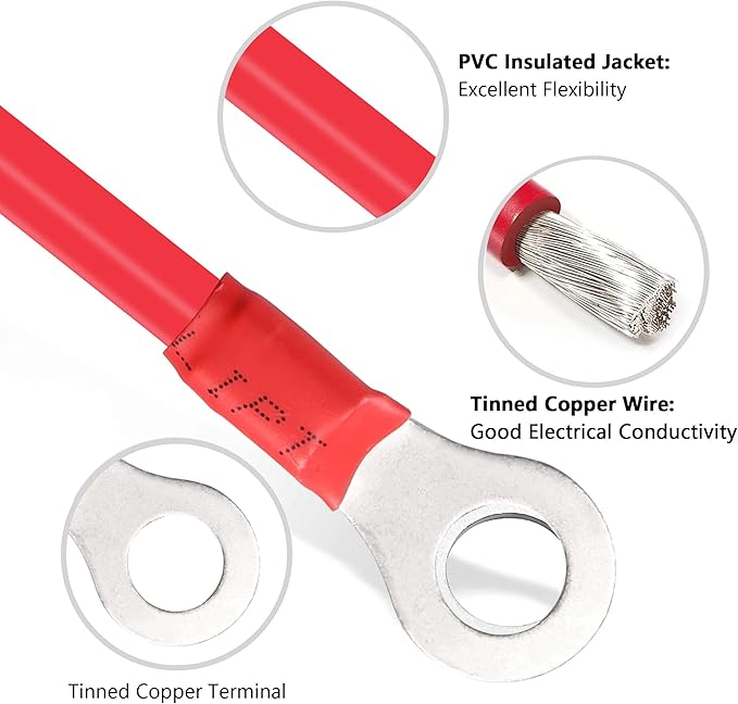Solar Battery Cables 10 Gauge Power Inverter Cables with 3/8" Ring Terminals 10AWG Wire Tinned Copper Tray Extension Cable for Solar,RV,Auto Car,Boat (1M)