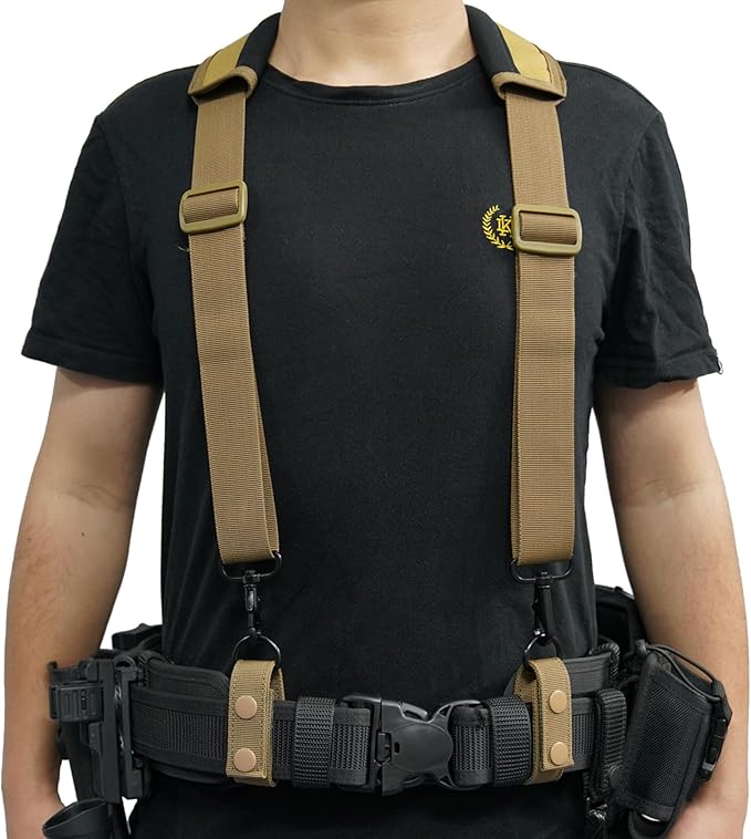 KUNN Tactical Duty Belt Suspenders with Metal Hook,Men Padded Police Harness for Duty Belt,Khaki