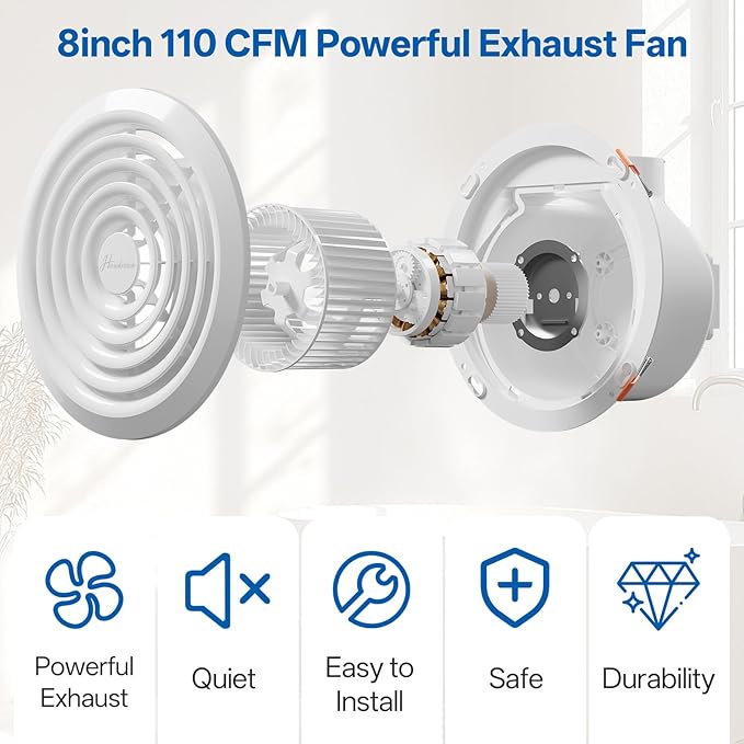 8 Inch Round Bathroom Exhaust Fan，110 CFM 1 Sone Powerful and Quiet Bathroom Ventilation, Replacement for Mobile Home，Through Wall Vent Fan, Easy Install