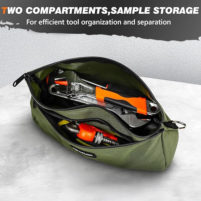 12 10" Small Tool Pouch 2 Pack, Zipper Tool Bag 2 Compartments, Utility Hand Bag with D-Ring, Toolbox Organization, Screwdriver Dril Storage Tool Box, Mechanic Men Dad Gifts, Orange/Green