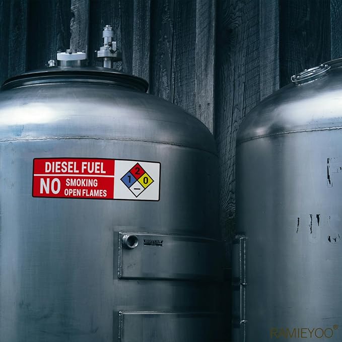 Diesel Fuel No Smoking No Open Flames Sign,5 Pack Adhesive Vinyl Safety Warning Sign with NFPA Symbol -10x3 inches