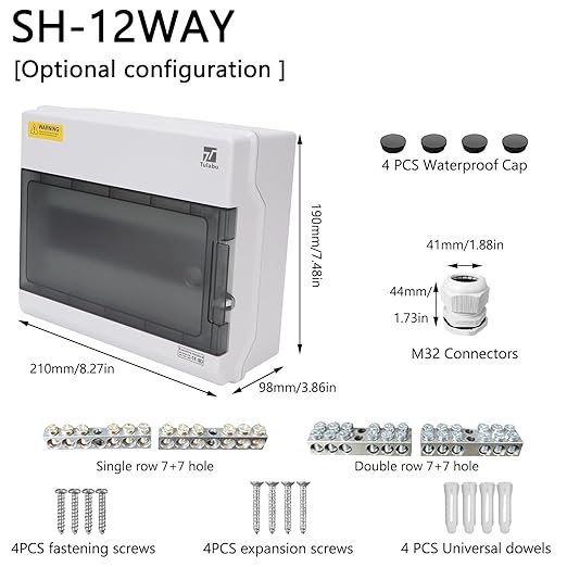 Waterproof 12 Way Breaker Box IP66 PC/ABS Alloy Plastic Power Distribution Box Enclosure with Clear Cover, Bus Bars and DIN Rail