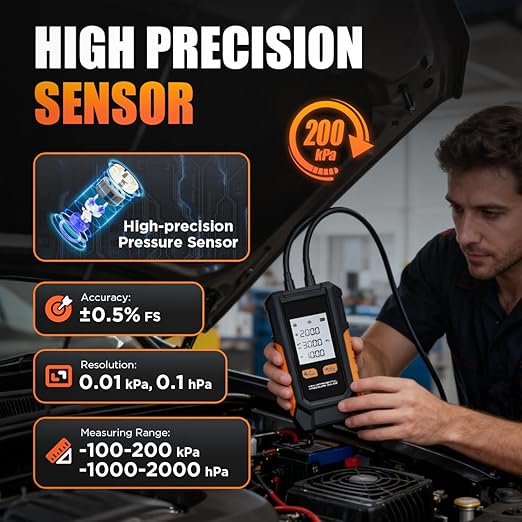 Manometer Gas Pressure Tester -101 to 200KPa Digital Manometers Dual-Port Gas Manometers HVAC with Auto Calibration, Backlight LCD Display, Data Hold Air Pressure Meter