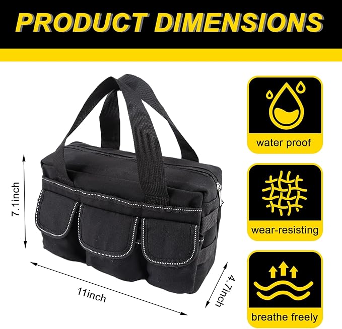 Small Tool Bag,Close Top Wide Mouth Tool Organizer Bag,Large Capacity Tool Bags for Men,Canvas Tool Storage Bag for Storage Handbag for Screwdrivers,Wrench,Pliers Hand Tools (Black-1, 12 Inch)