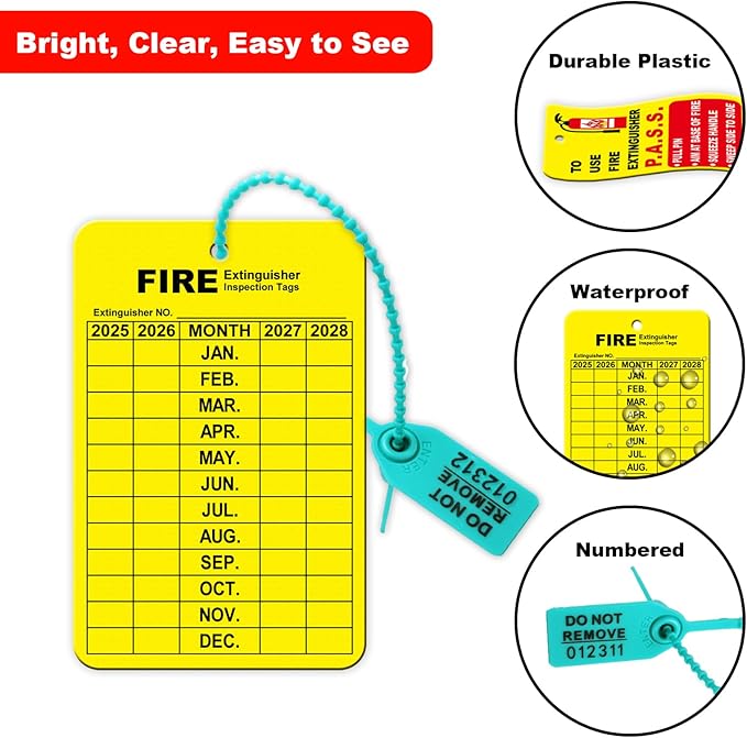 30 Sets Fire Extinguisher Tags Monthly Inspection Tear-Resistant Numbered Plastic Tamper-Evident Cable Ties Easy to Punch Includes Handheld Hole Puncher