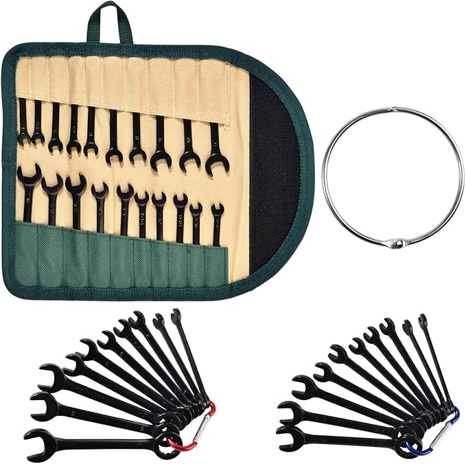 20PCS Mini Wrench Set Standard Metric and SAE 4mm-11mm & 5/32"-7/16" Open End and Box End Combination Wrench Set Super with Storage Roll Pouch and Key Rings, Black Electrophoretic Coating