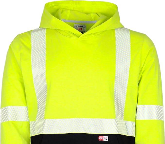 TICOMELA FR Shirts Pullover High Visibility 6oz Lightweight Hi vis Flame Resistant Reflective Hooded Work Shirt