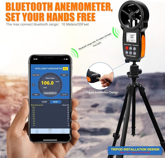 Bluetooth Anemometer,CFM Air Flow Velocity Tester, Digital Wind Speed Gauge Meter with 14℉-113℉ Wind Temperature Measuring and USB Data Export