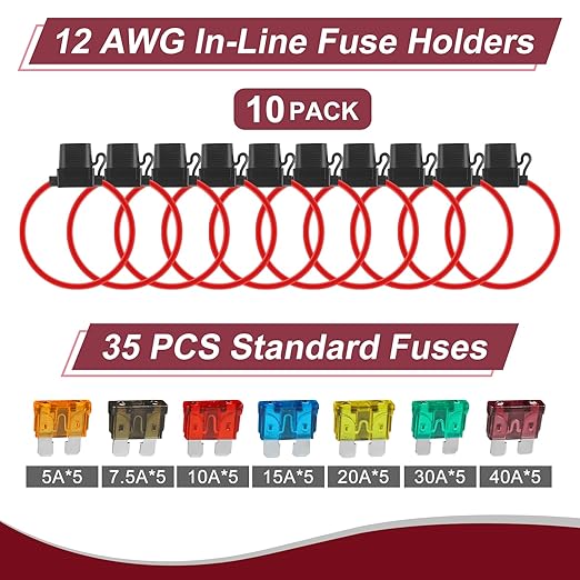 10 Pack Inline Fuse Holder 12V, Professional 12 AWG Waterproof Fuse Holder with 35 Pcs (5A/7.5A/10A/15A/20A/30A/40A) Standard Car Fuses, Giwiemi in Line Fuses Holders 12v for Marine Auto and Circuits