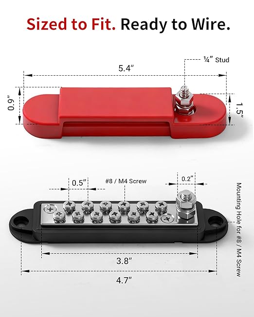 Bus Bar 12V 150A Power Distribution Block, 1/4 in Stud Terminal Buss Bar, Premium Power Junction Block for Solar Battery Wiring, Marine, Boat & Automotive