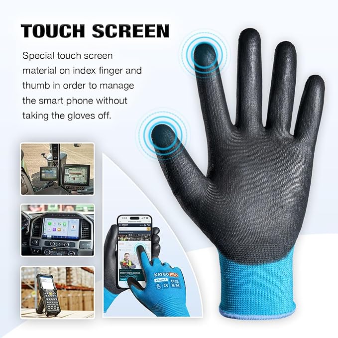 Work Gloves PU Coated for Men and Women, 12 Pairs Safety Work Gloves with Two Fingers Touchscreen, Breathable and Lightweight,Ideal for Light Warehouse, Manufacturing, Gardening, KG12P (XL, Blue)