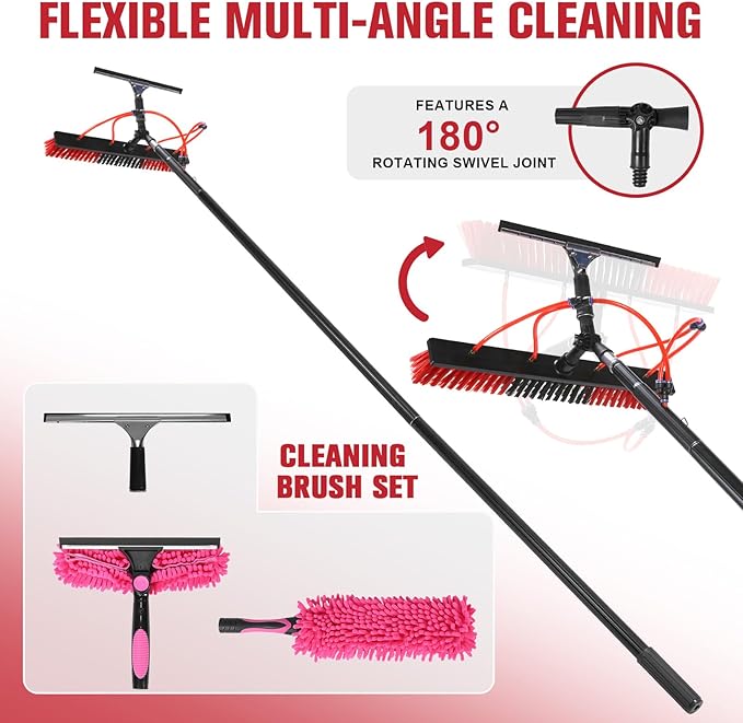 Water Fed Pole Brush Kit with 20m Hose Extendable Solar Panel Washing Tool with 180° Rotating Brushhead for Solar Panel Roof Car