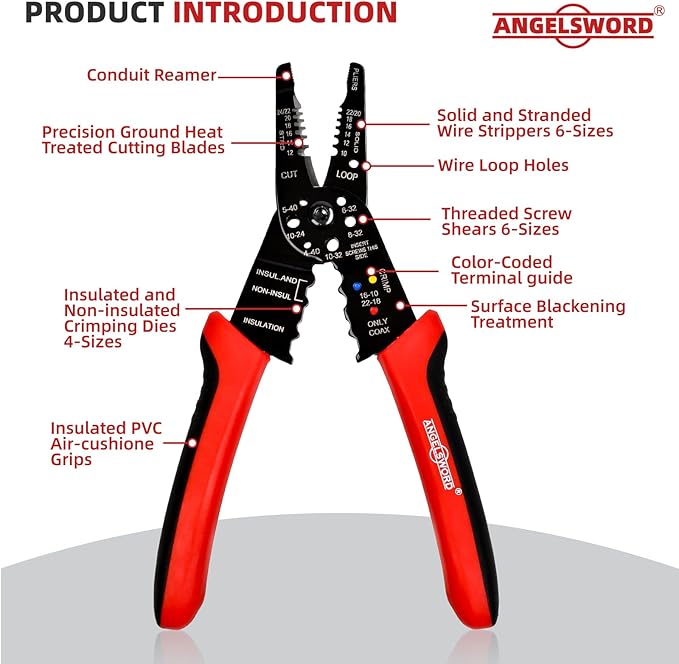 ANGELSWORD 8 inch Wire Stripper, Cable Stripper, Crimping Pliers, Wire Cutter, Wire Crimper, Multi-Function Hand Tool