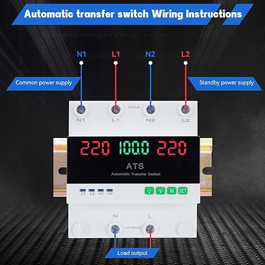 100A 220V Automatic Transfer Switch, 2P Dual Power Select Interruptor Electrical Changeover Switch with LED Display, Mini ATS Din Rail Mount, 50/60Hz CE Certified for Home Backup Power